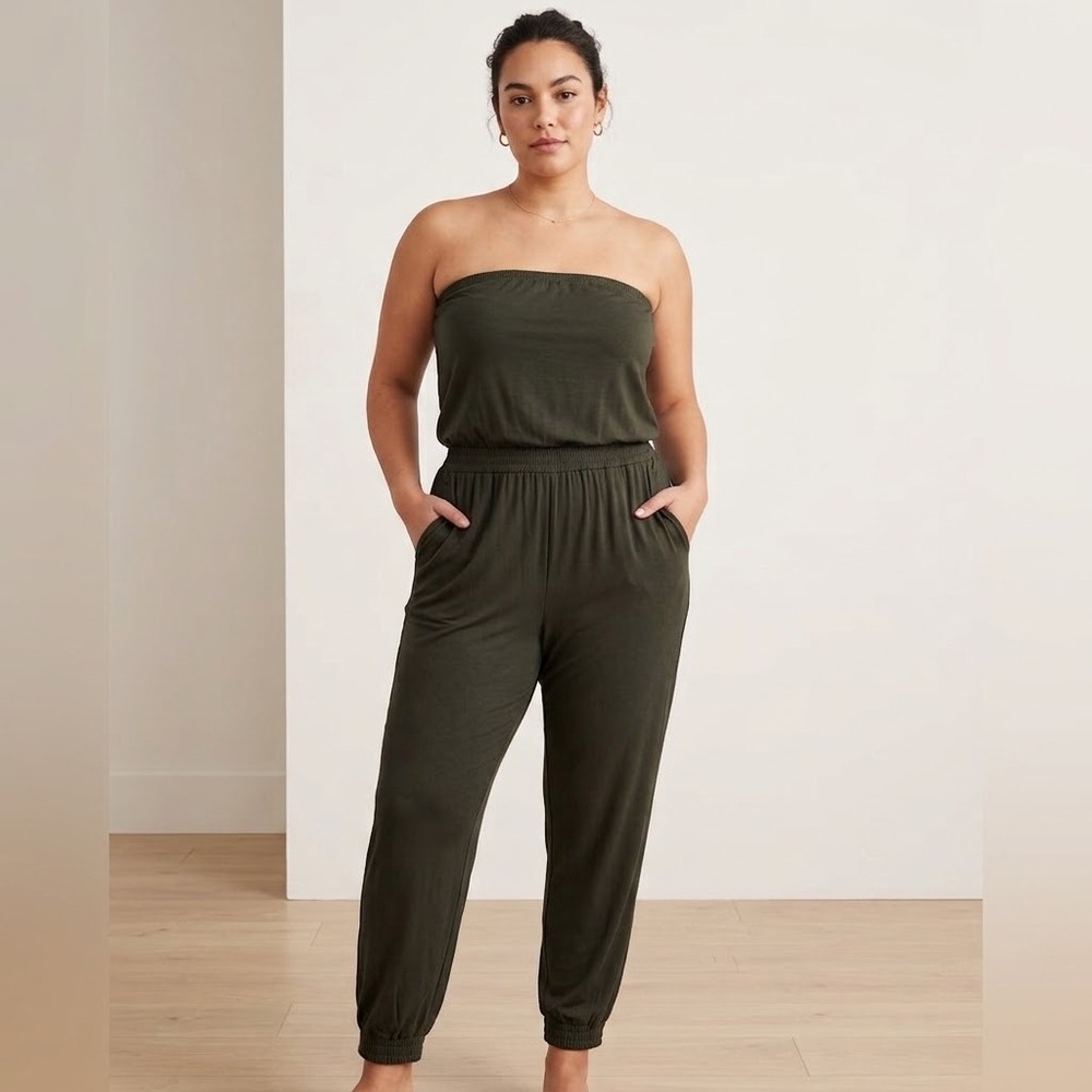 Aritzia Azure Skies Strapless Elastic Waist Jogger Jumpsuit Olive Green Size M